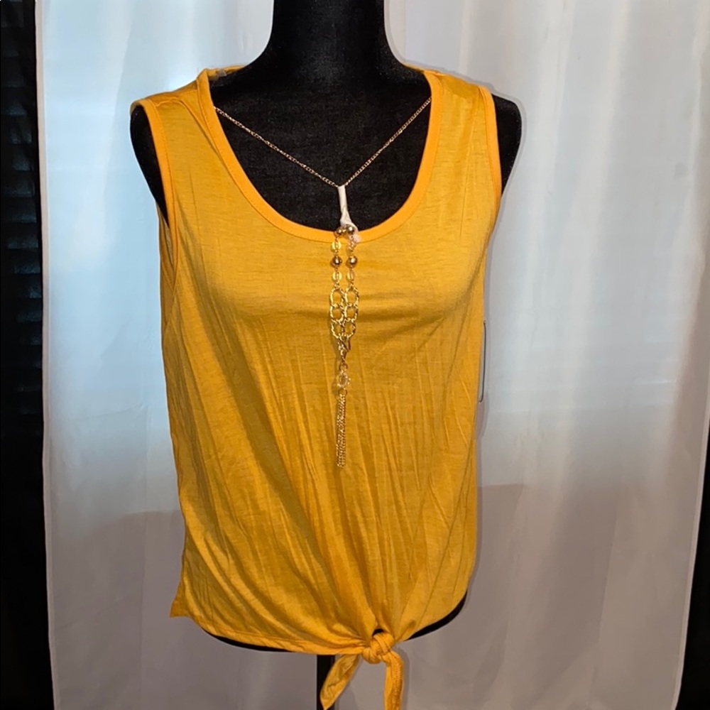 Gold front tie tank with necklace attached
